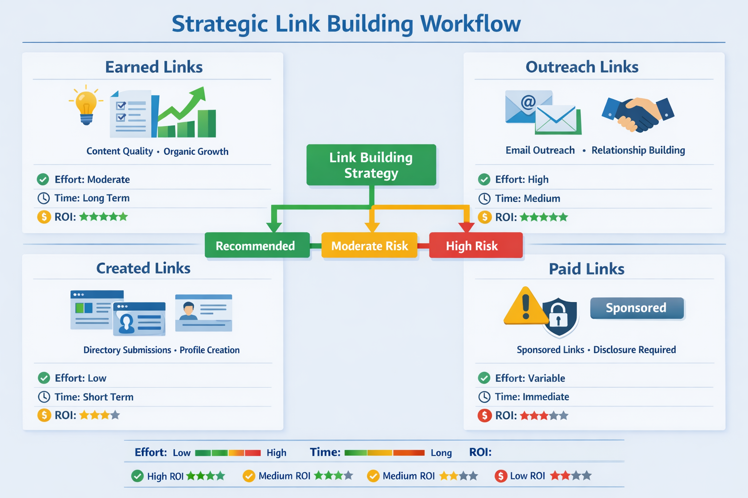 Landscape format (1536x1024) strategic link building workflow diagram showing four distinct acquisition methods in quadrant layout. Top-left