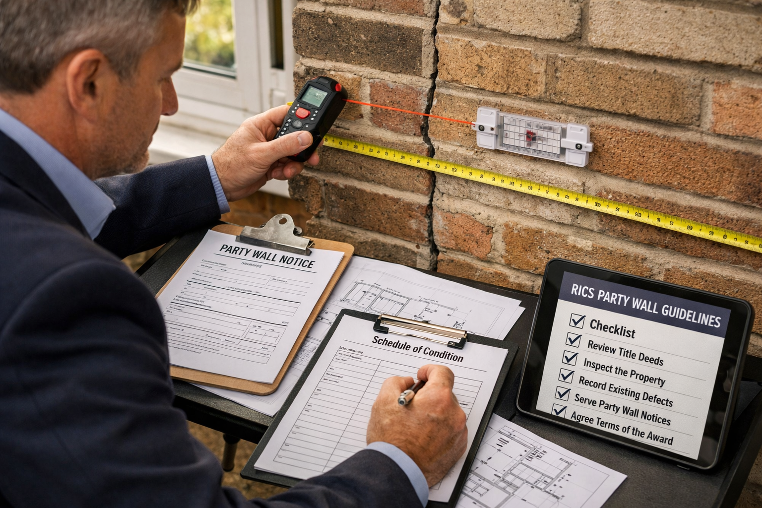 Detailed () editorial image showing professional party wall surveyor conducting detailed property inspection at shared wall