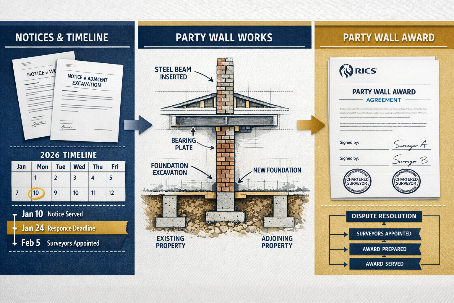 Comprehensive () infographic-style image displaying party wall award documentation workflow with three distinct sections: