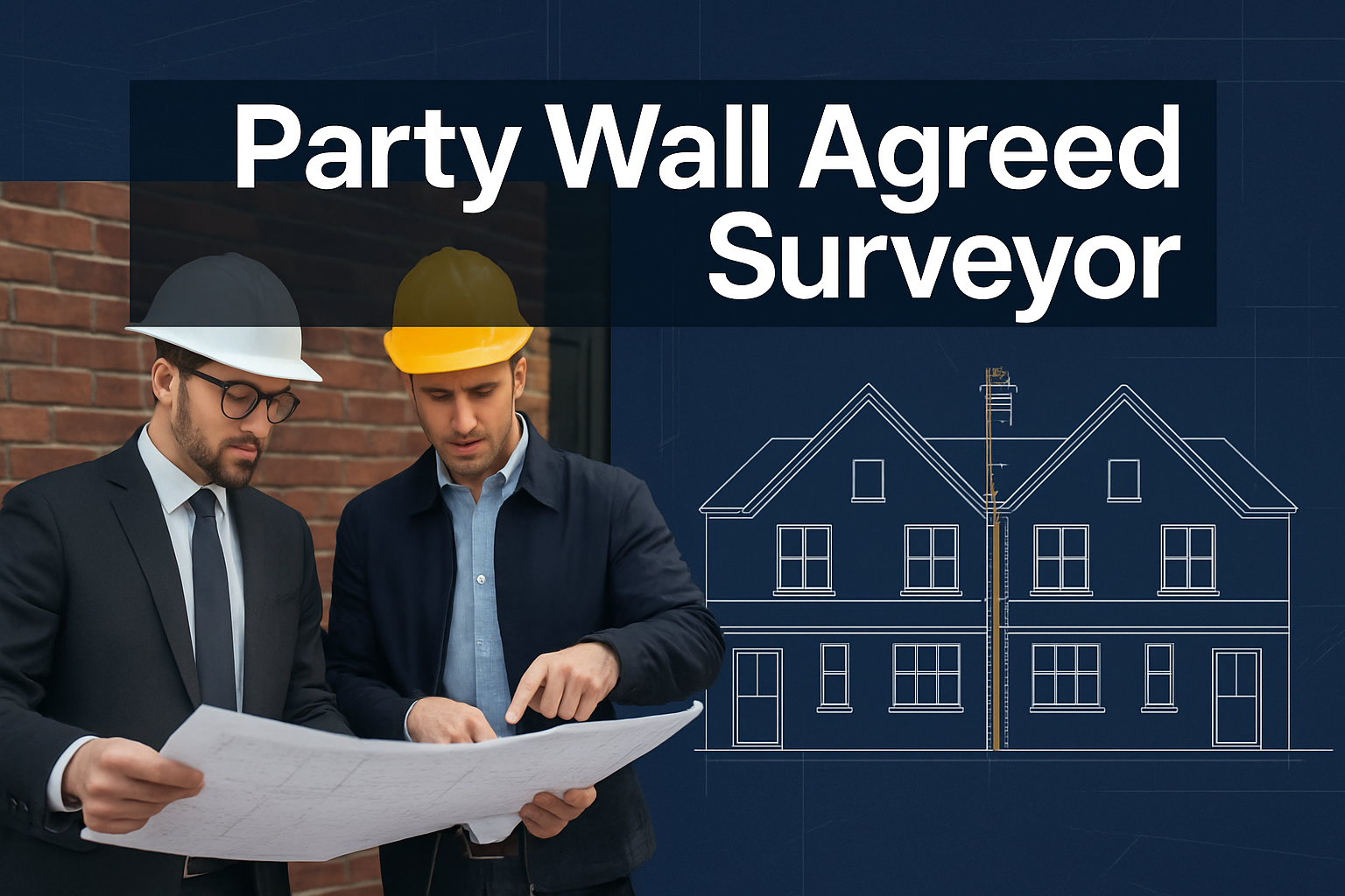 Professional landscape hero image (1536x1024) featuring bold text overlay 'Party Wall Agreed Surveyor' in extra large 72pt white sans-serif 