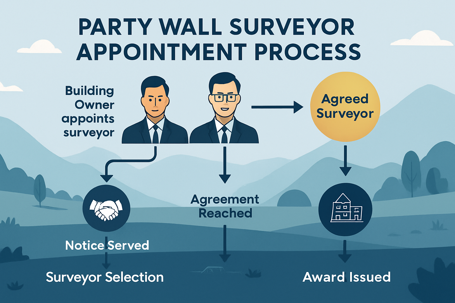 Detailed landscape infographic (1536x1024) showing the party wall surveyor appointment process flowchart. Central diagram displays three dis