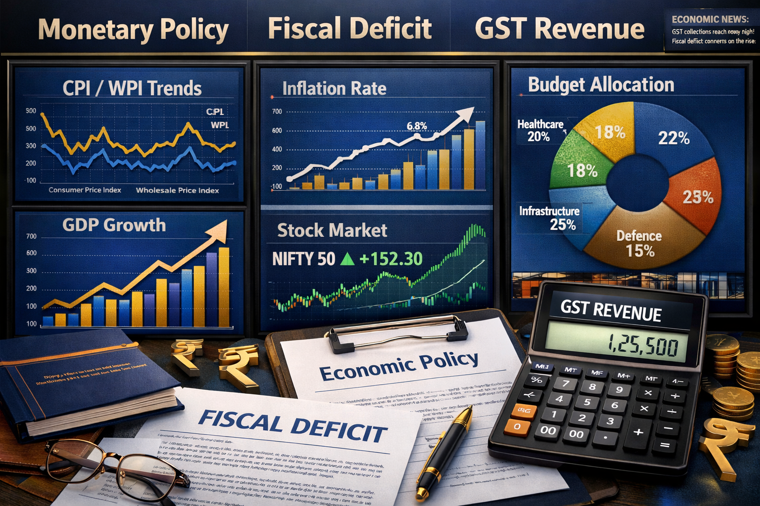 Detailed landscape format (1536x1024) image showing economic indicators dashboard with CPI/WPI charts, GDP growth graphs, inflation trends, 