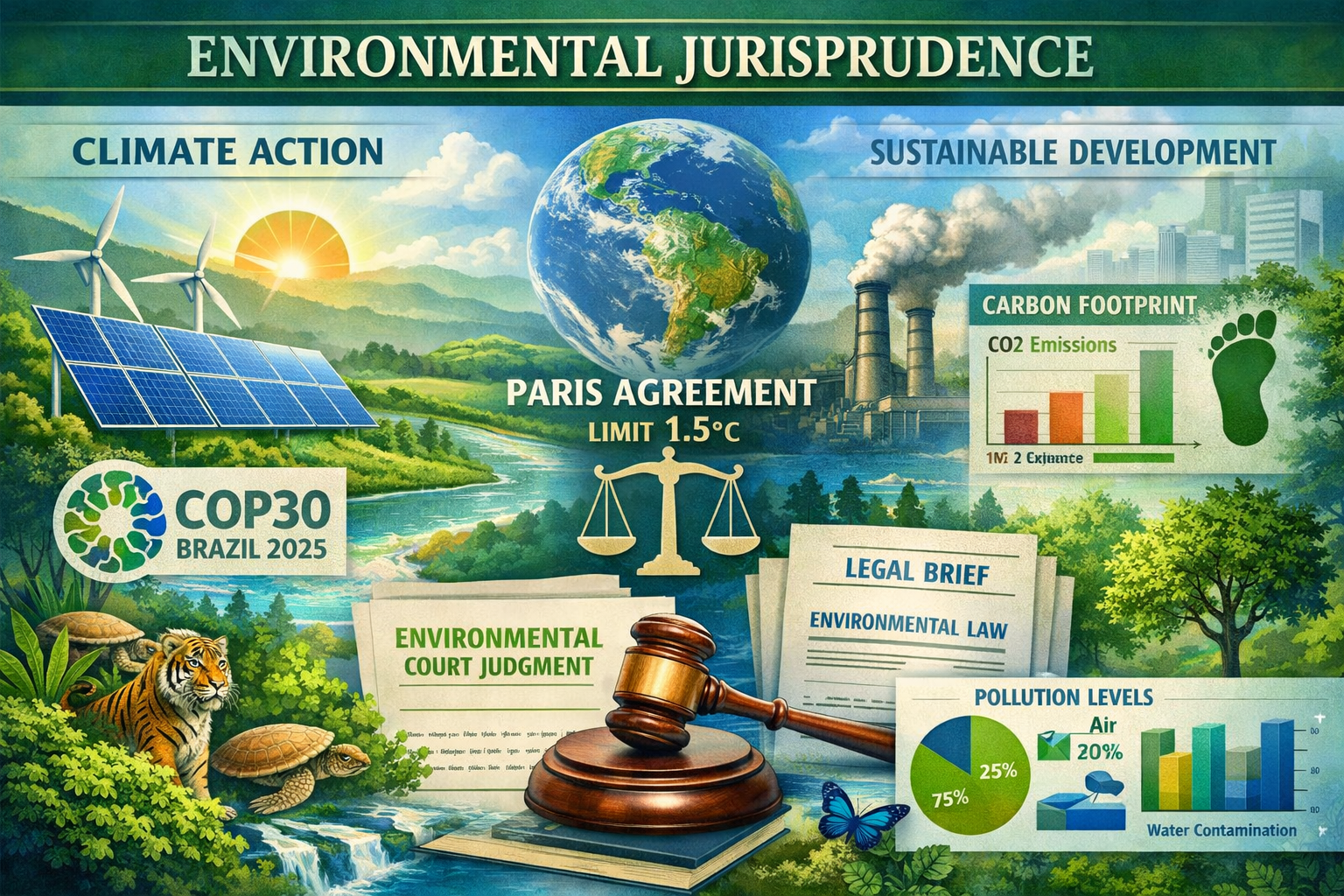 Comprehensive landscape format (1536x1024) environmental law visualization featuring climate change infographics, renewable energy symbols (