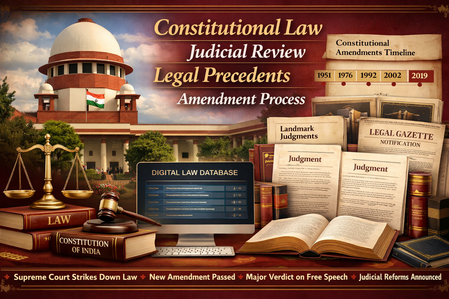 Professional landscape format (1536x1024) legal updates compilation showing Indian Supreme Court building, constitutional amendments timelin