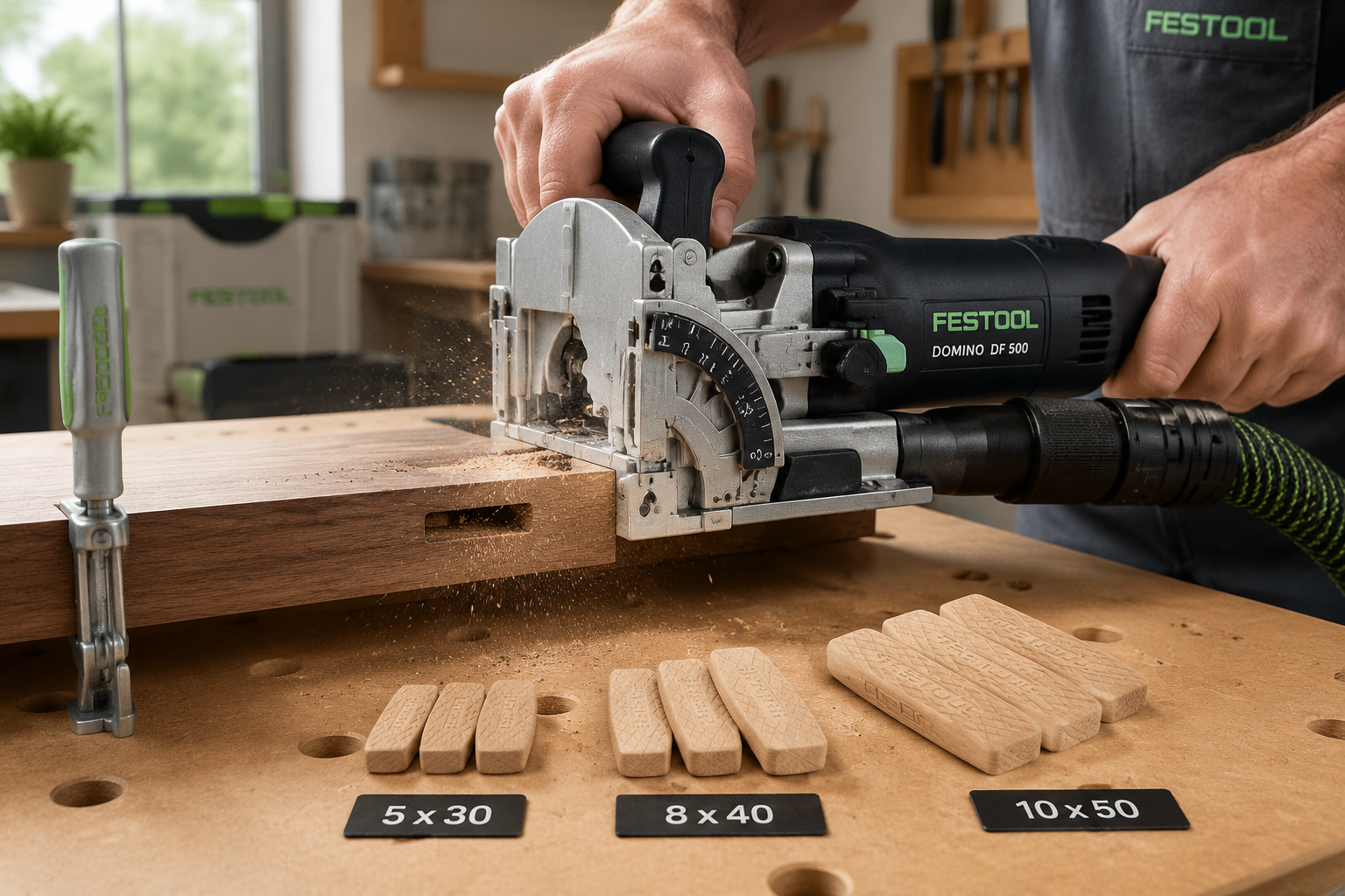 A close-up, dynamic landscape image () showing a Festool Domino DF 500 in action, making a precise mortise into a piece of
