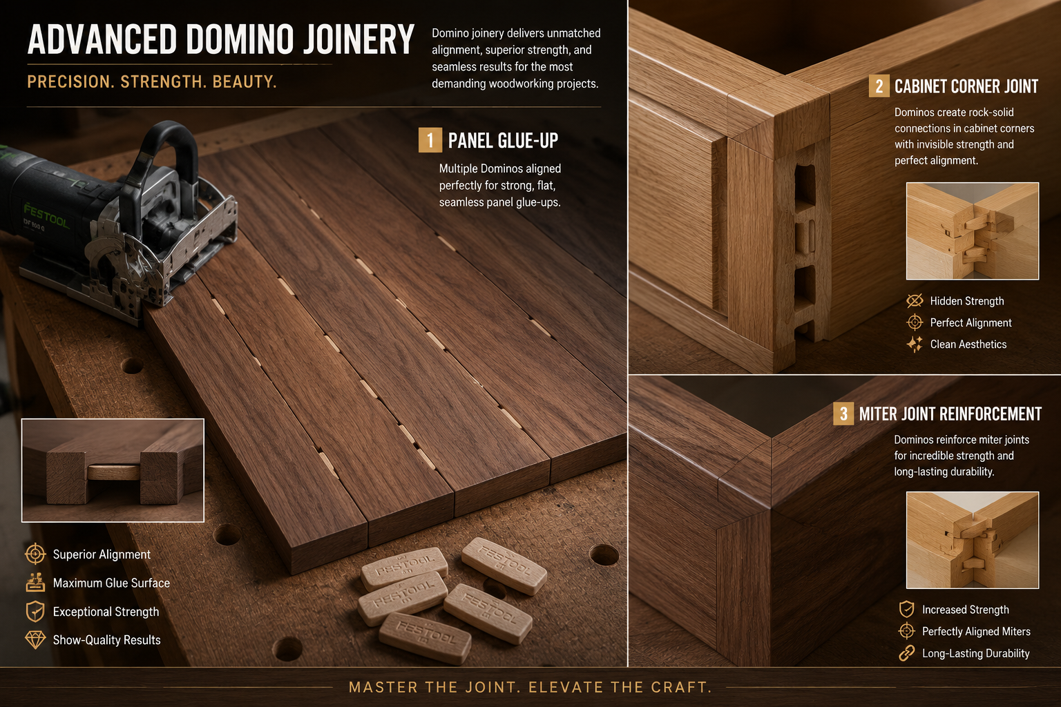 A detailed landscape image () illustrating various advanced Domino joinery techniques. One section shows a panel glue-up