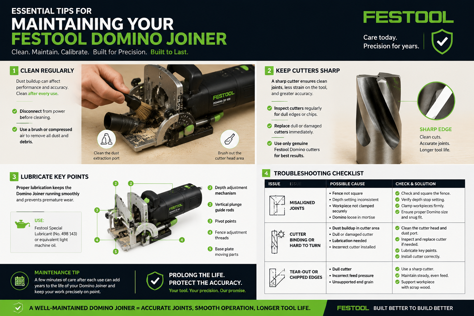 A visual guide, presented as a landscape image (), demonstrating essential tips for maintaining a Festool Domino joiner. One