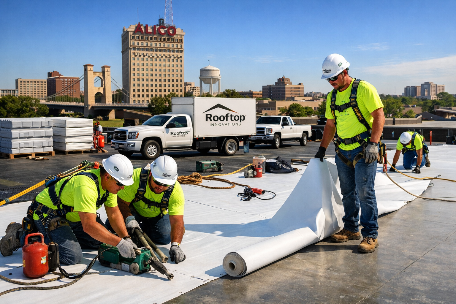 Professional commercial roofing installation scene in Waco showing skilled roofers from Rooftop Innovations installing single-ply membrane r