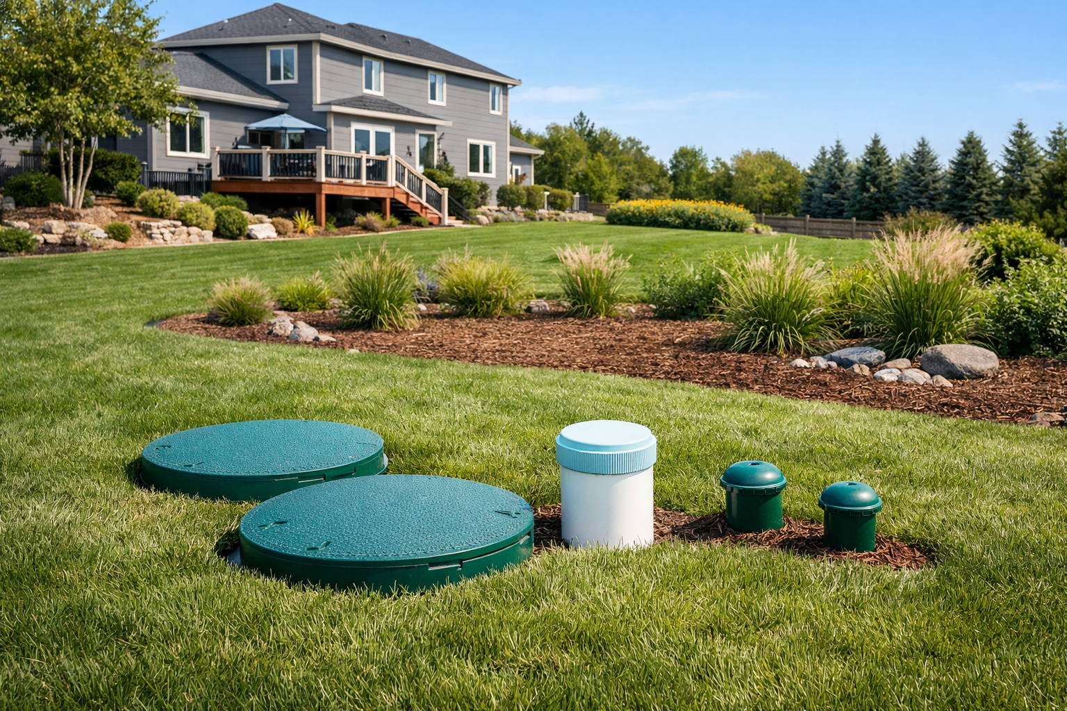 Professional landscape format (1536x1024) hero image showing a well-maintained septic system installation in a suburban backyard setting. Cl