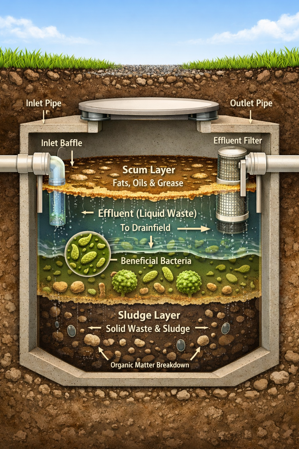 Portrait format (1024x1536) detailed cross-section illustration of a septic tank system showing the three-layer waste separation process. Cl