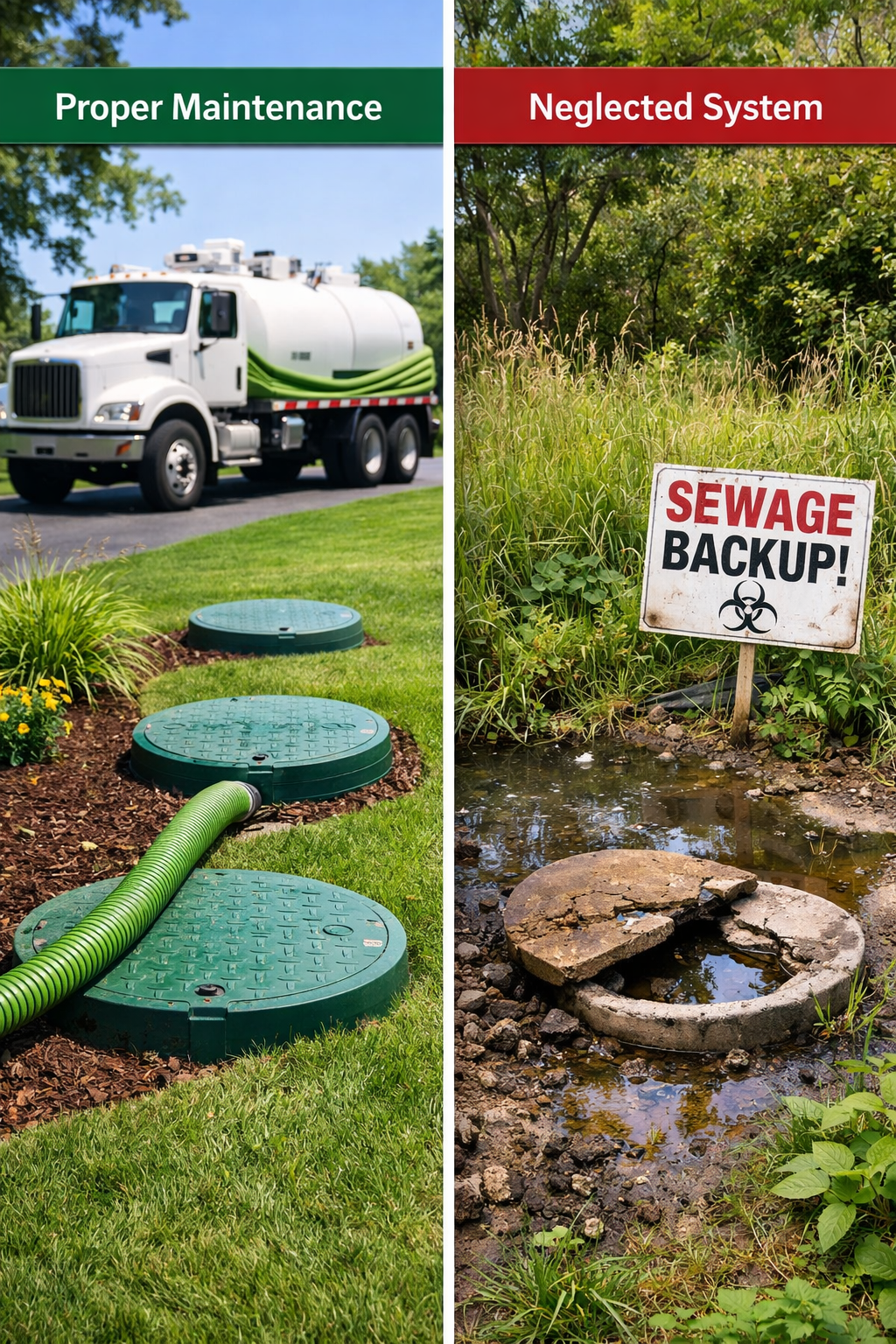 Portrait format (1024x1536) split-screen comparison image showing correct vs incorrect septic system practices. Left side: proper maintenanc