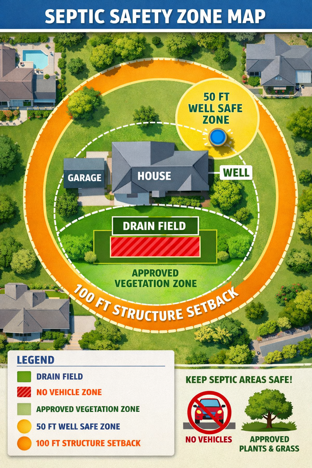 Portrait format (1024x1536) overhead view of a residential property showing comprehensive septic safety zone mapping. Aerial perspective hig