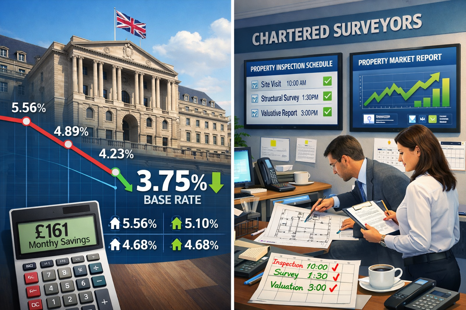 Detailed landscape format (1536x1024) image showing split-screen composition: left side displays Bank of England building with downward tren