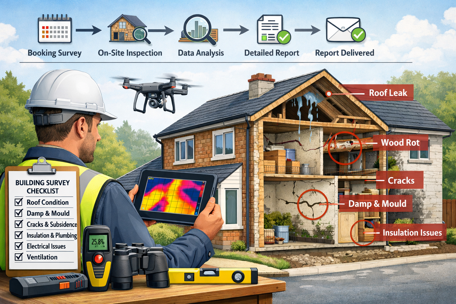 Detailed landscape format (1536x1024) image depicting chartered surveyor conducting thorough property inspection using modern technology: dr