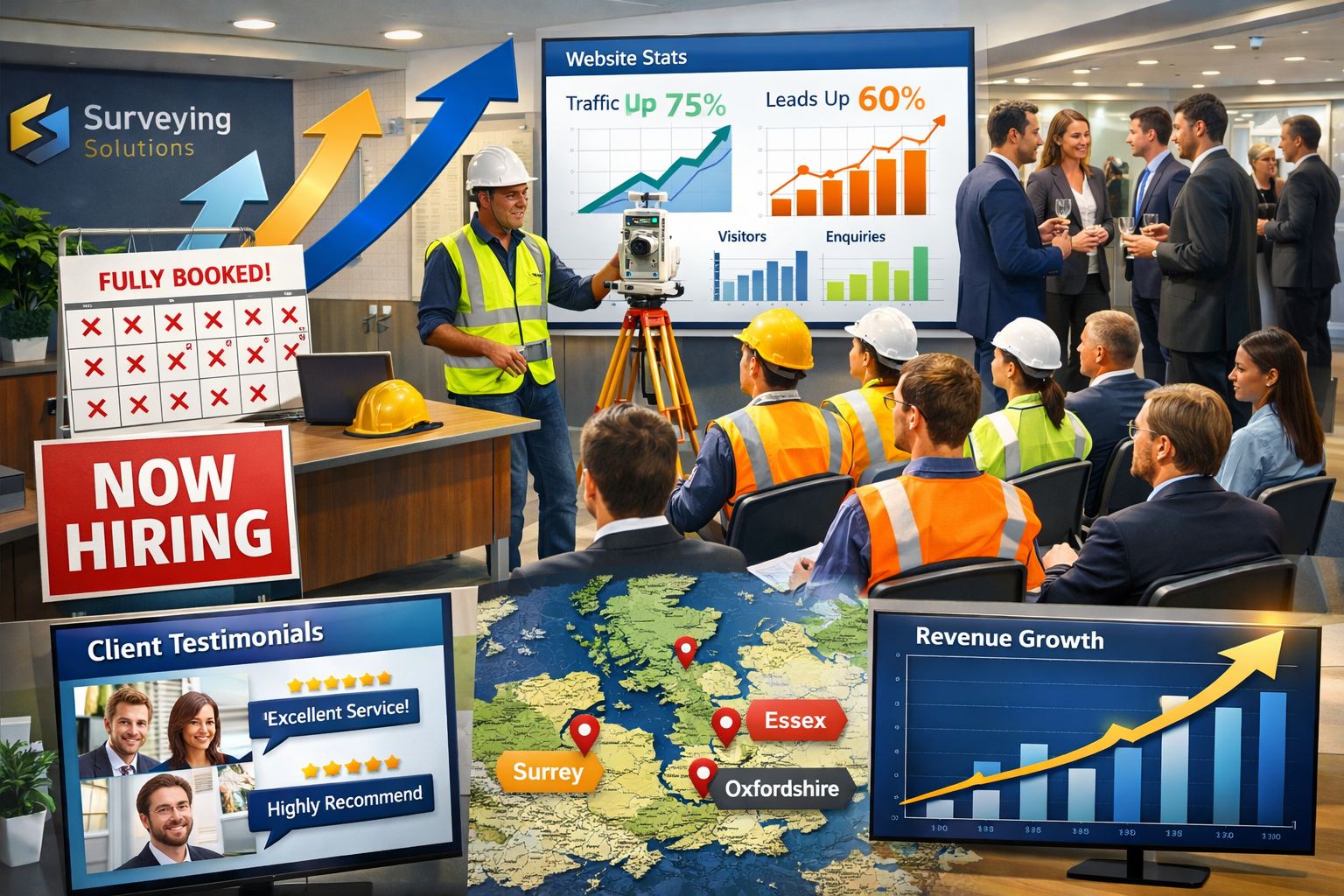 Detailed landscape format (1536x1024) image showing business growth and expansion concept for surveying practice: modern office space with '