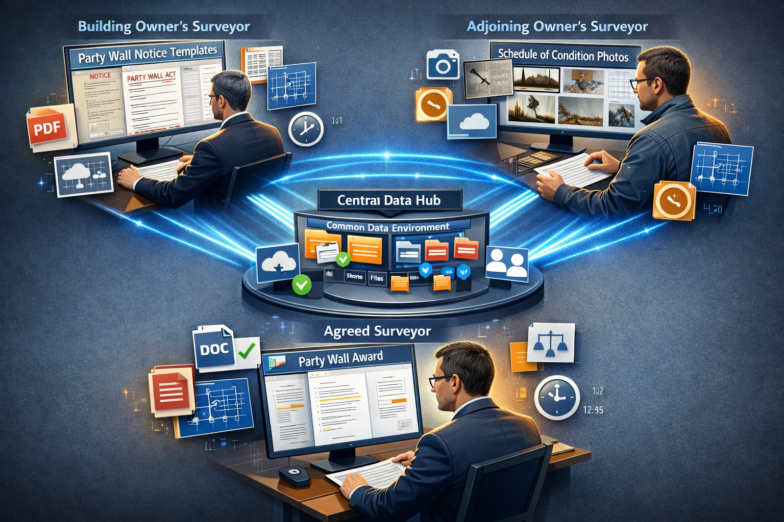 () detailed illustration showing three distinct surveyor workstations arranged in triangular formation connected by bright