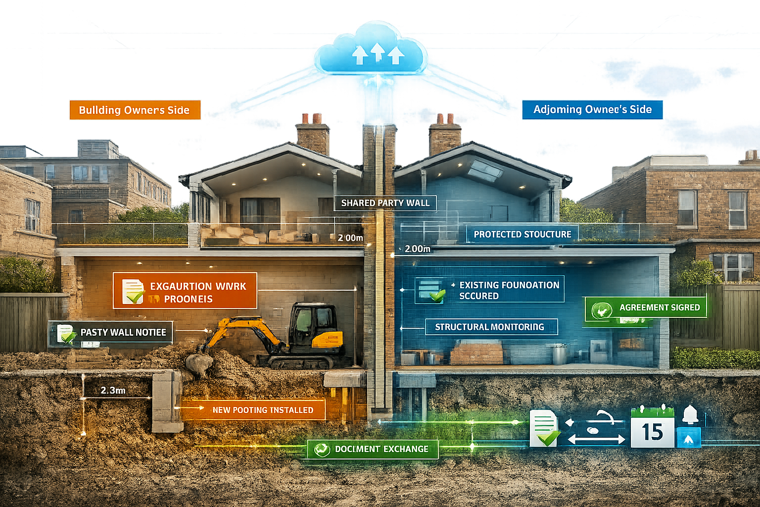 () architectural cross-section view of modern London terraced houses showing shared party wall between properties.