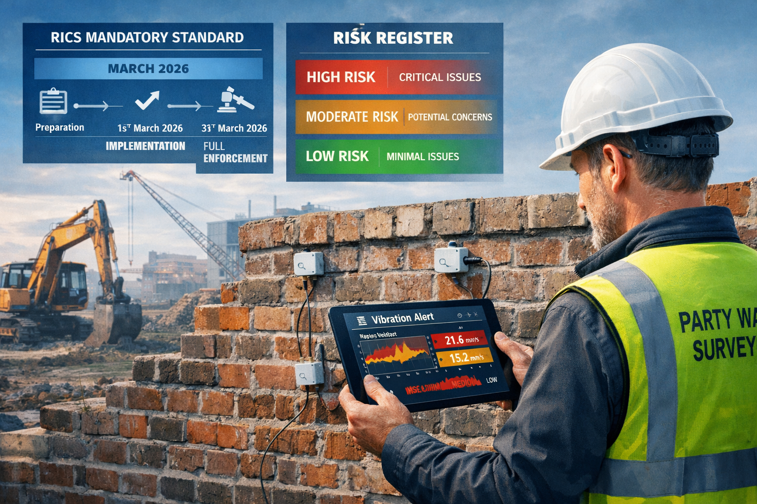 Wide-angle landscape () editorial illustration showing a professional party wall surveyor in hard hat standing at a shared
