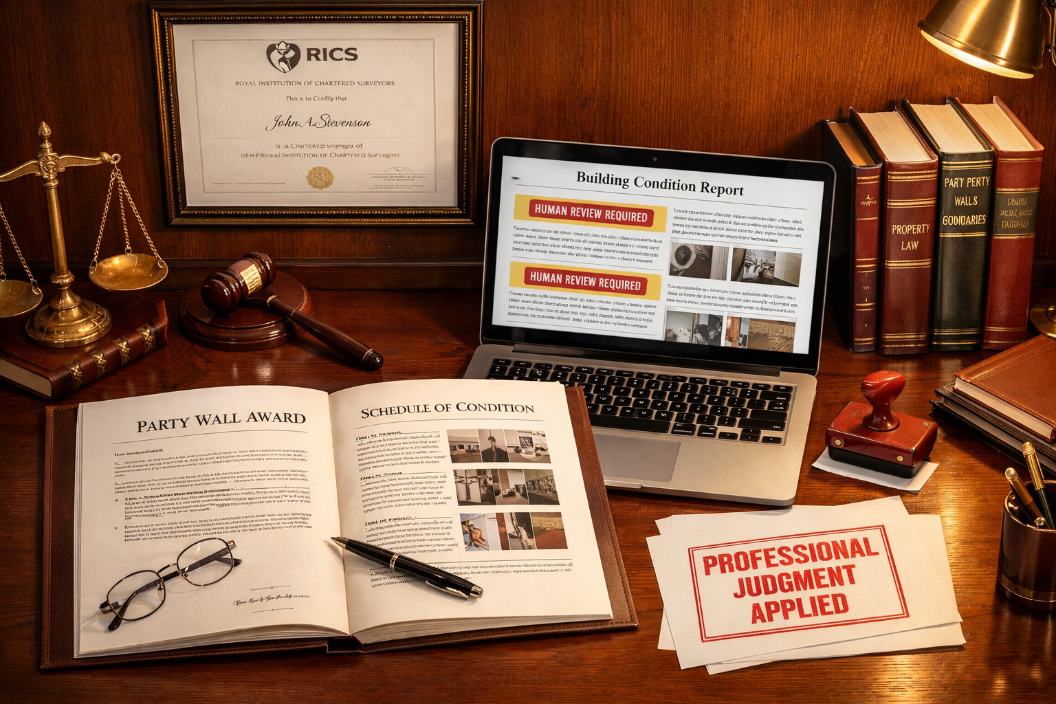 () top-down bird's-eye view of a large wooden desk showing an open party wall award document, a laptop screen displaying