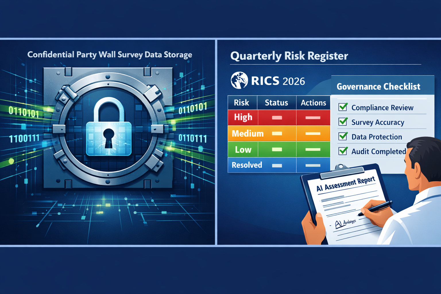 () split-panel infographic illustration: left panel shows a secure data vault with padlock icon and encrypted data streams