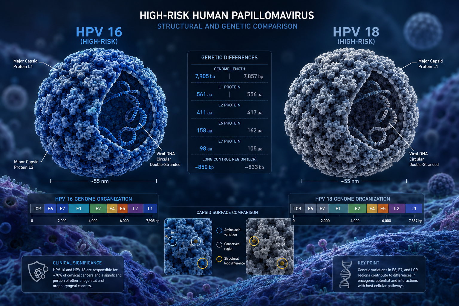 Medical illustration visualizing HPV 16 and HPV 18 viral structures, cross-sectional molecular rendering showing viral