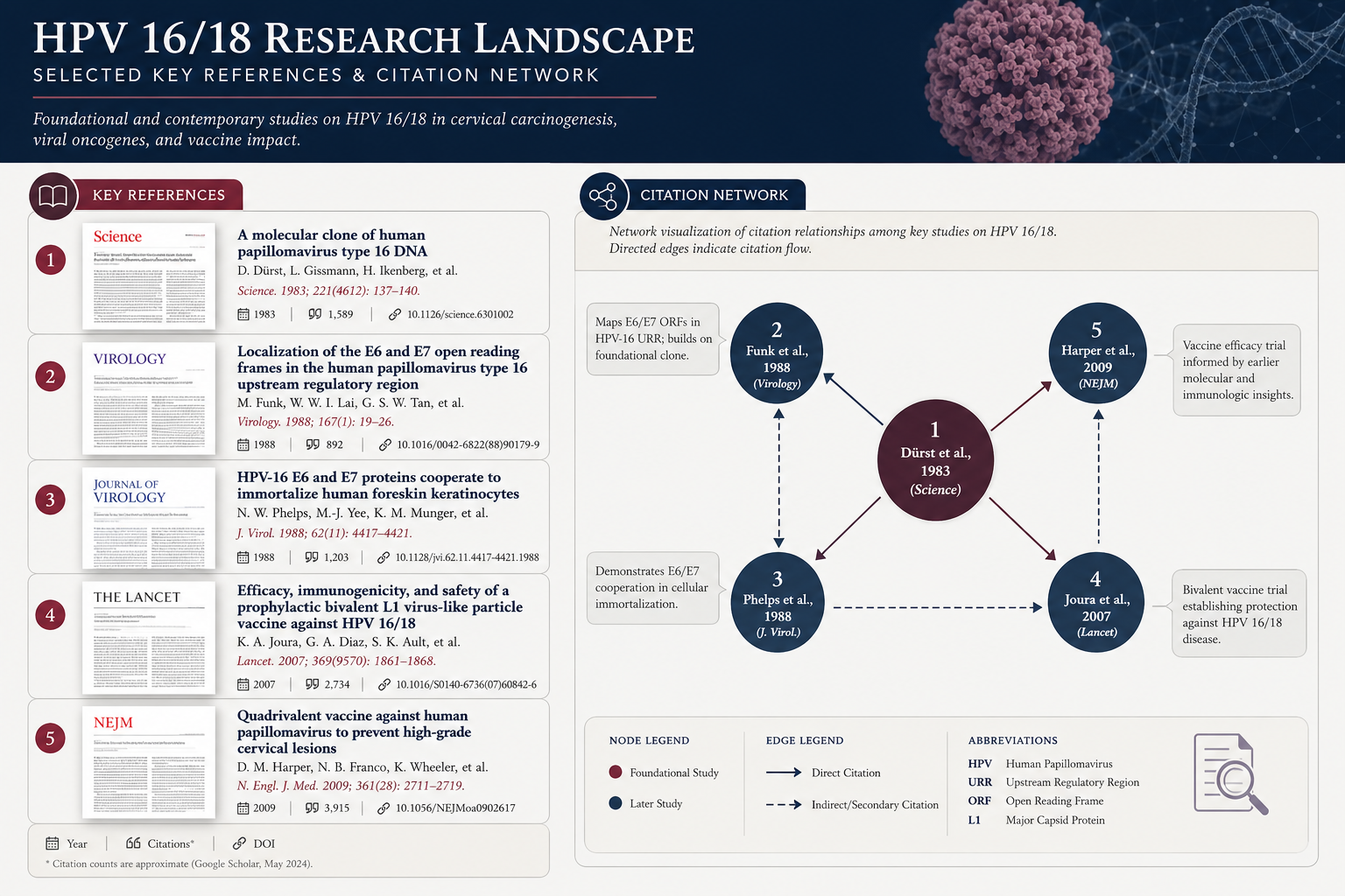 Academic reference visualization with stylized bibliography layout, scientific paper icons, HPV 16/18 research paper
