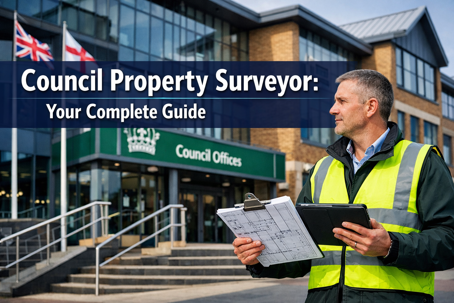 Professional landscape hero image (1536x1024) featuring bold text overlay 'Council Property Surveyor: Your Complete Guide' in extra large 72