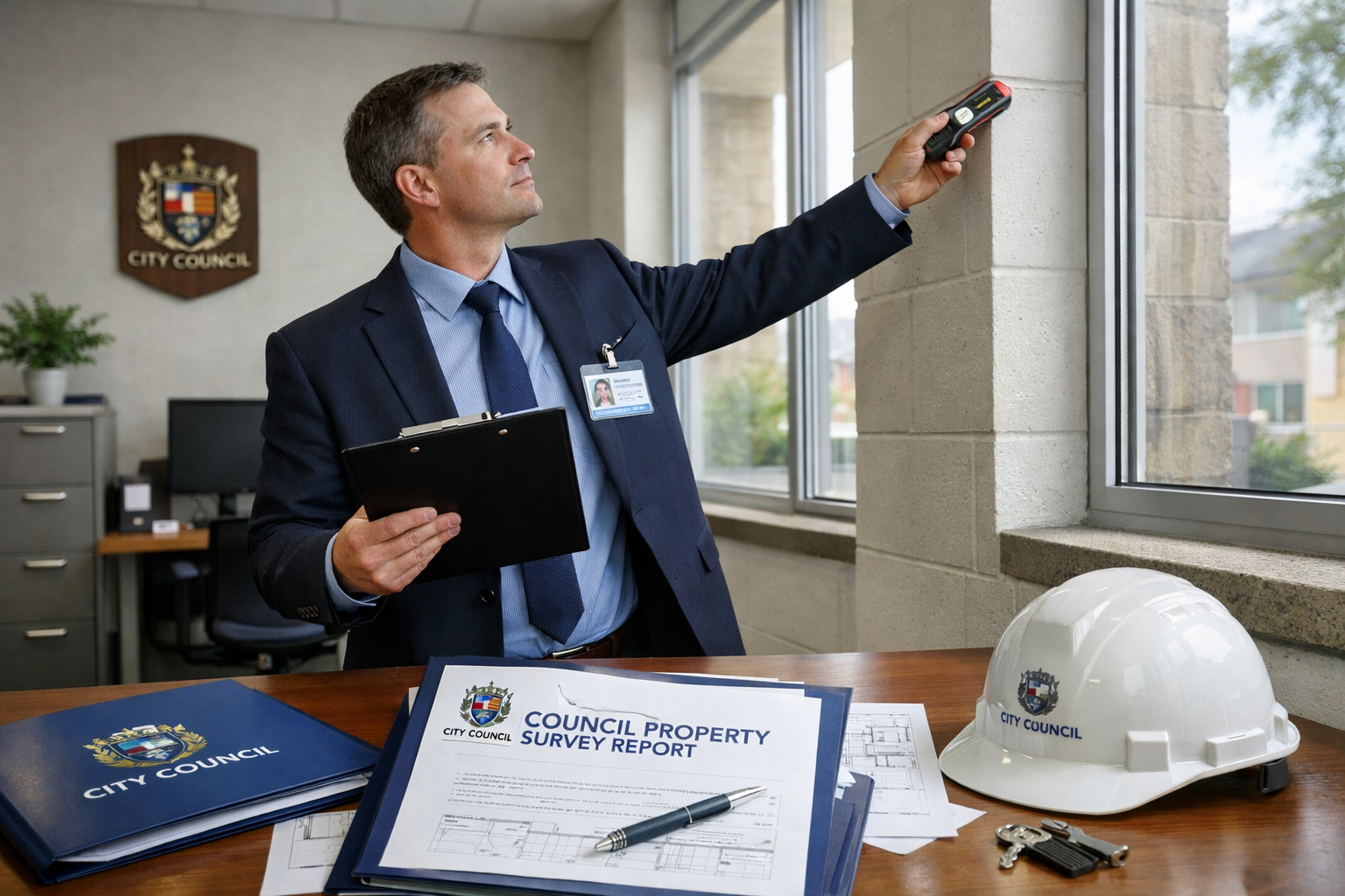 Detailed editorial landscape image (1536x1024) showing professional council property surveyor conducting inspection inside municipal buildin