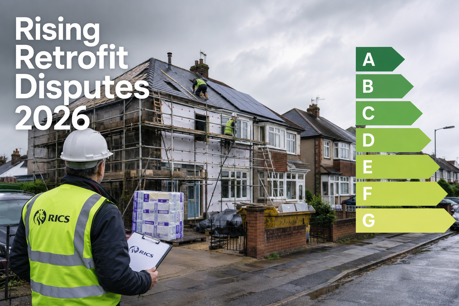Aerial perspective () editorial image showing a UK residential street of semi-detached houses mid-retrofit: scaffolding,