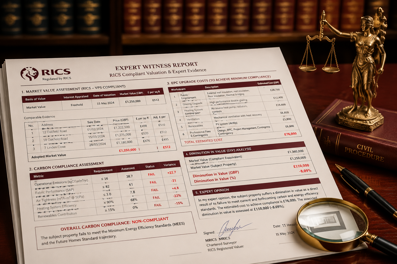 Close-up () editorial image of a formal expert witness report document spread on a mahogany desk, showing RICS-compliant