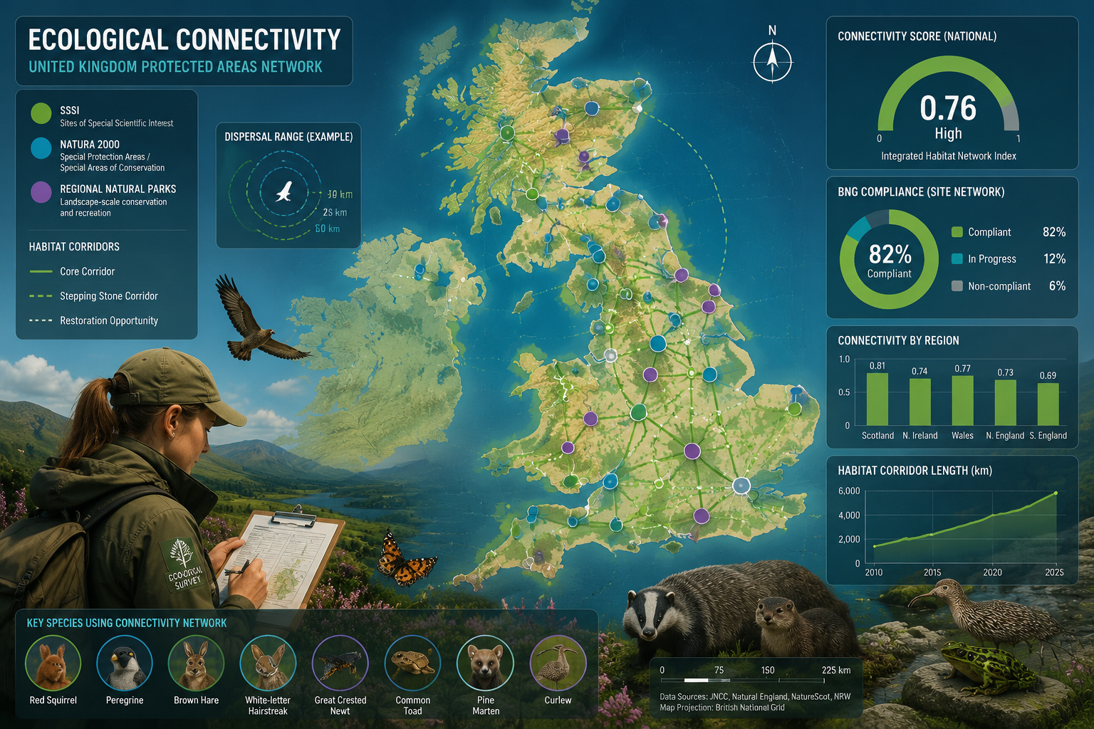 () infographic-style illustration showing a multilayer network connectivity diagram overlaid on a UK protected area map,