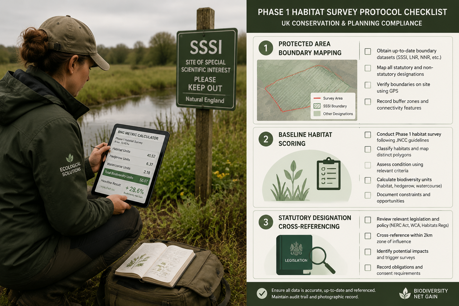() split-scene image: left side shows a field ecologist conducting a Phase 1 habitat survey in a UK conservation zone,