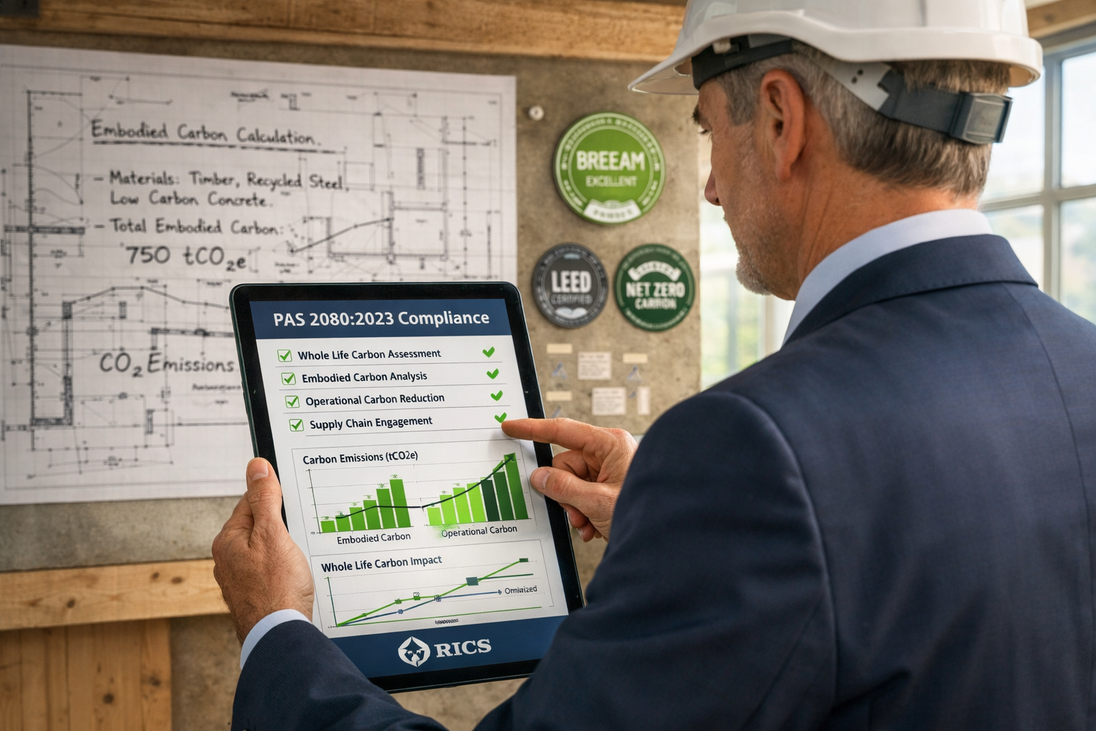 Detailed () image showing professional RICS chartered surveyor in business attire conducting building assessment with