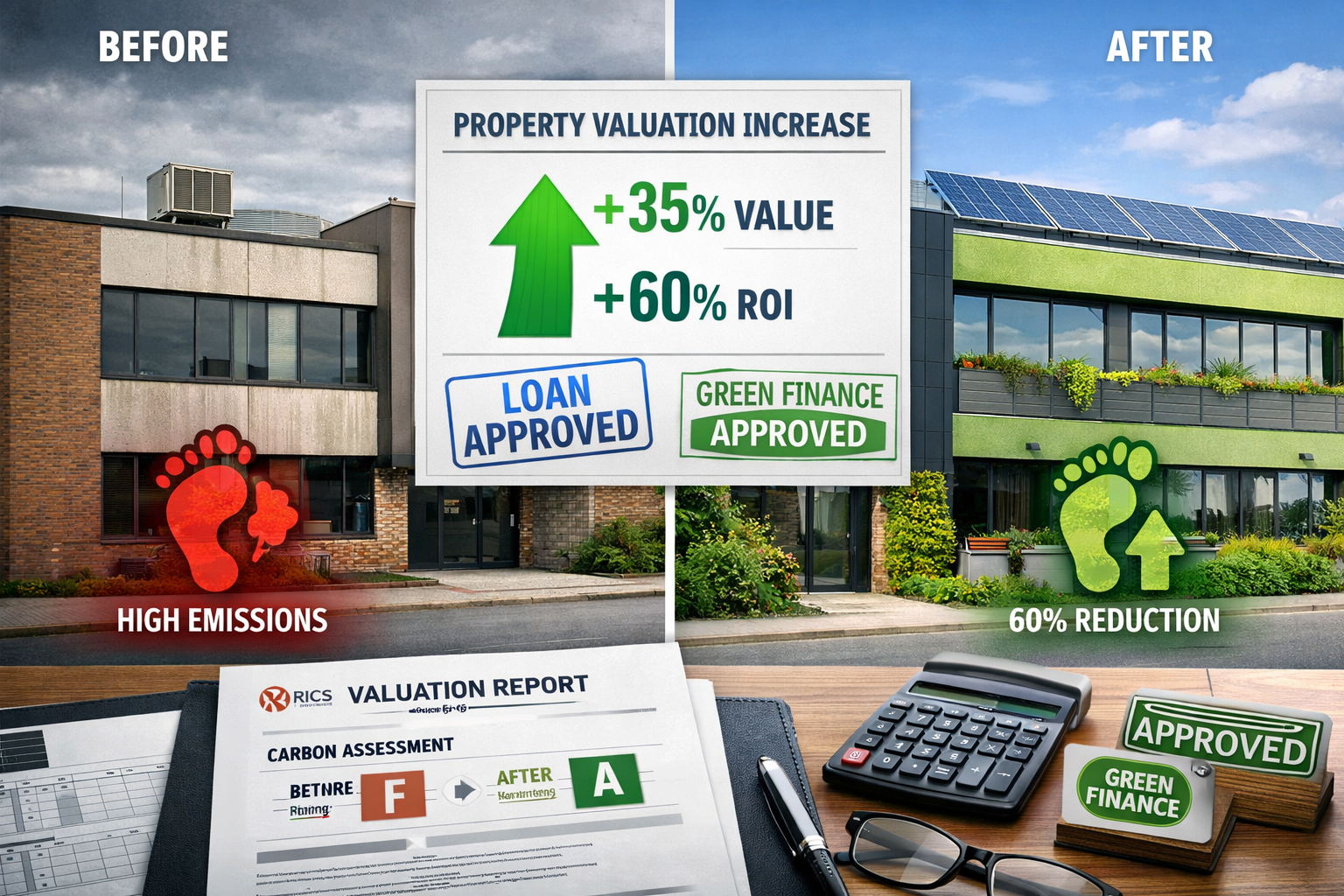 Detailed () image showing before-and-after property valuation comparison for retrofit project. Split screen composition: