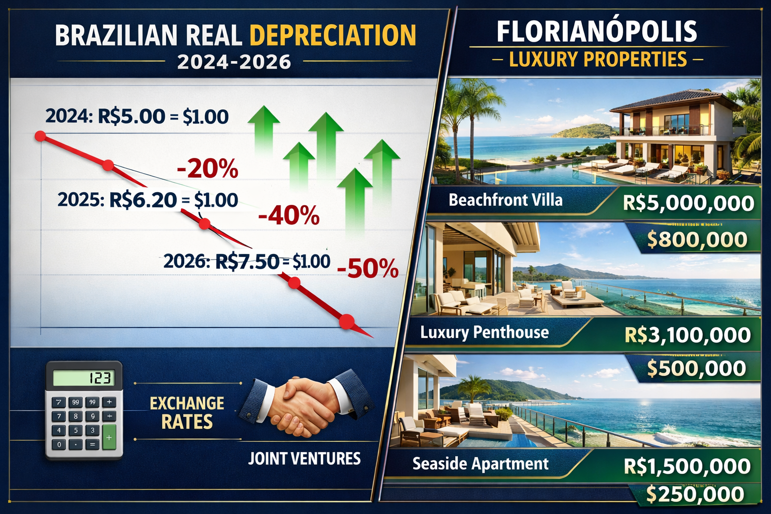 () detailed infographic showing Brazilian Real currency depreciation chart from 2024-2026 with downward trending red line
