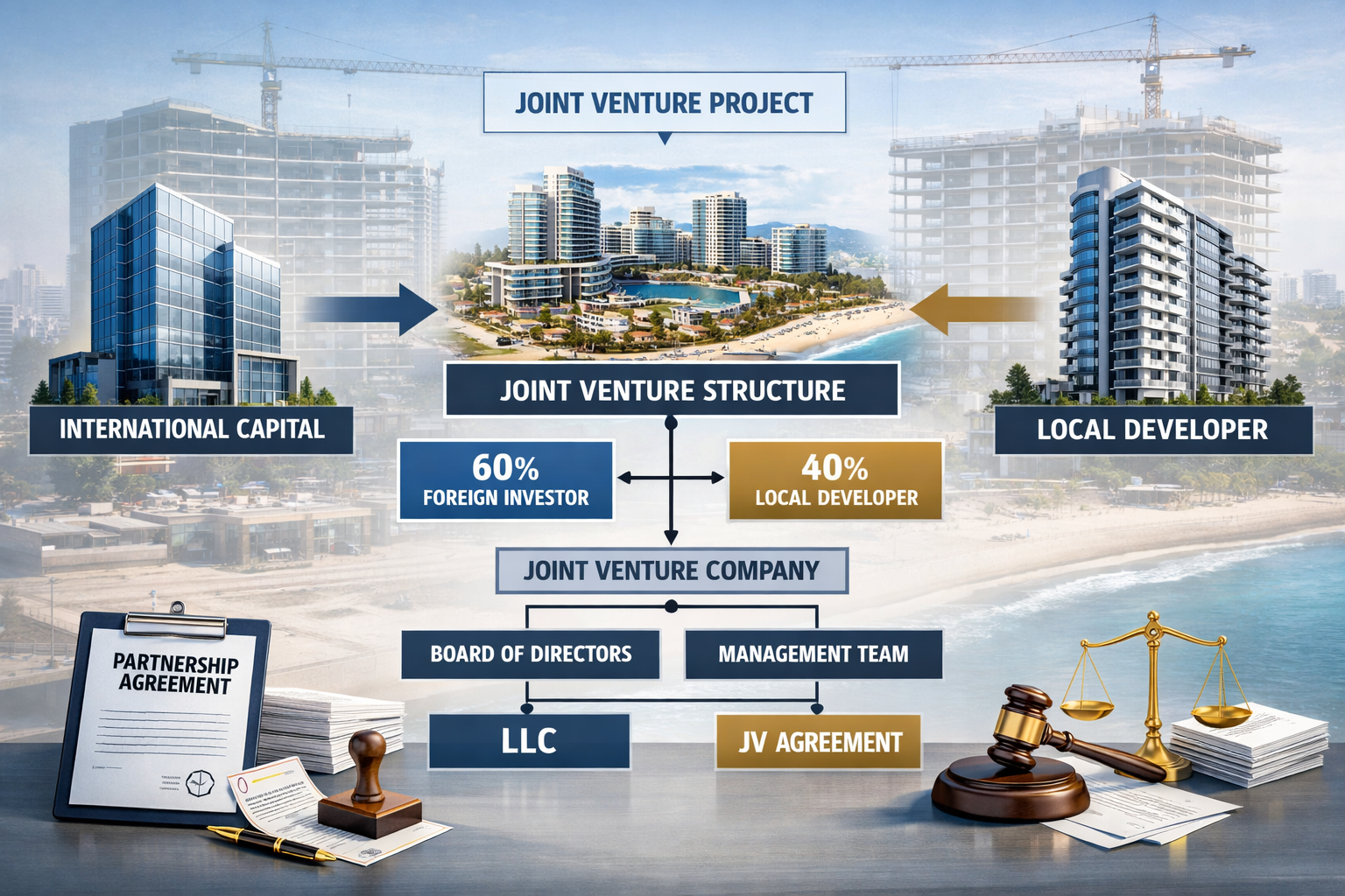 () architectural visualization showing modern joint venture structure diagram with two distinct building blocks labeled