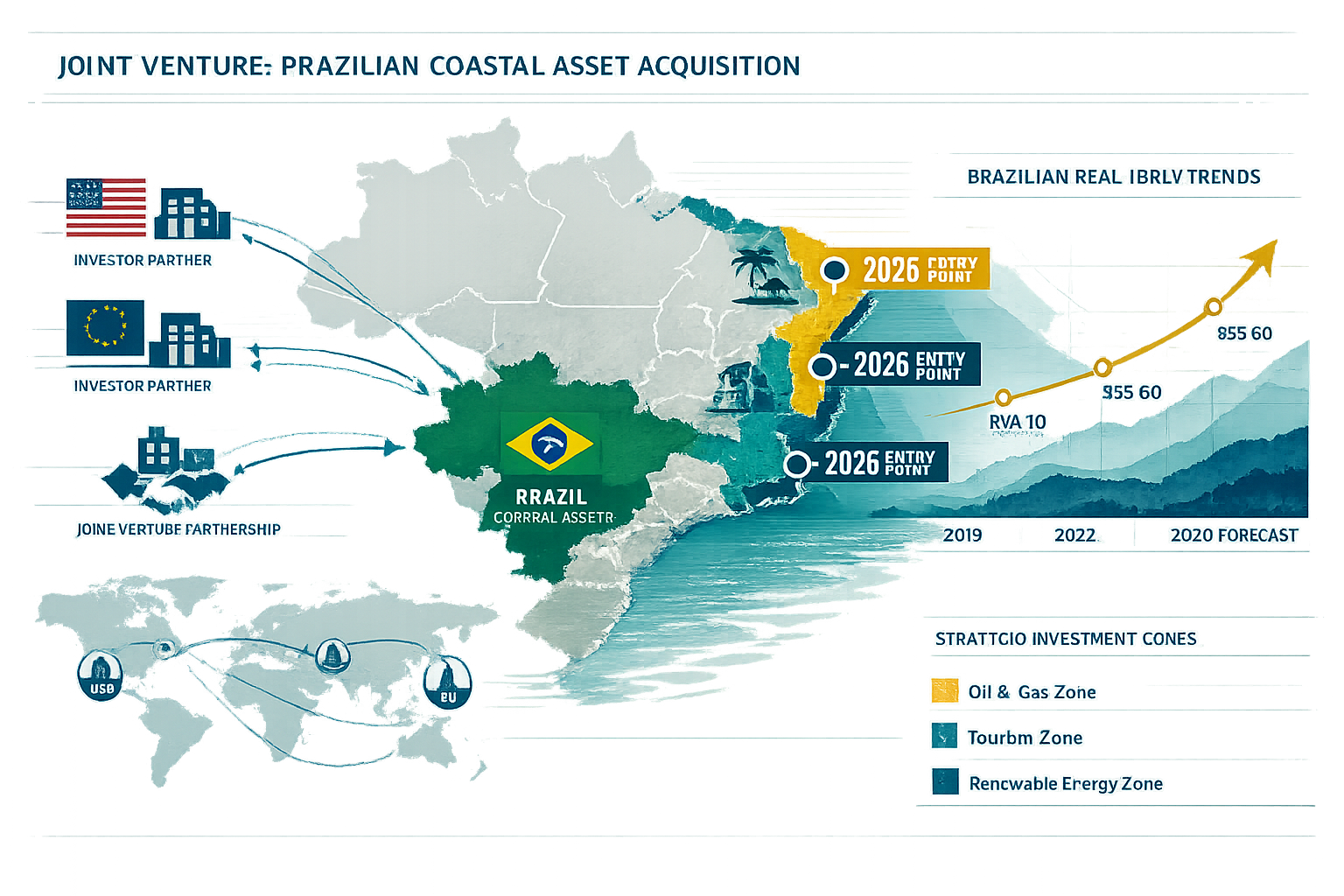 Landscape editorial infographic visualizing joint venture partnership dynamics for Brazilian coastal asset acquisition,