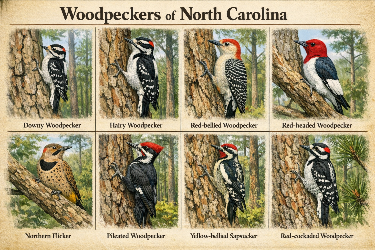 A detailed field guide illustration showing all 8 species of woodpeckers found in North Carolina arranged in a grid layout with each bird pe