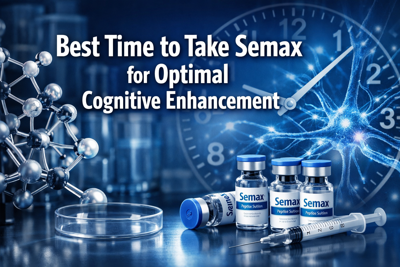 Professional landscape format (1536x1024) hero image featuring bold text overlay 'Best Time to Take Semax for Optimal Cognitive Enhancement'