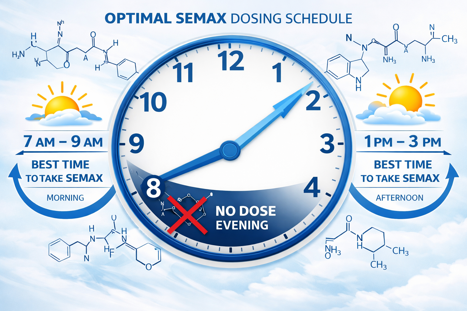 Landscape format (1536x1024) infographic showing optimal Semax dosing timeline with clock face design, morning sun icon at 7-9 AM, afternoon