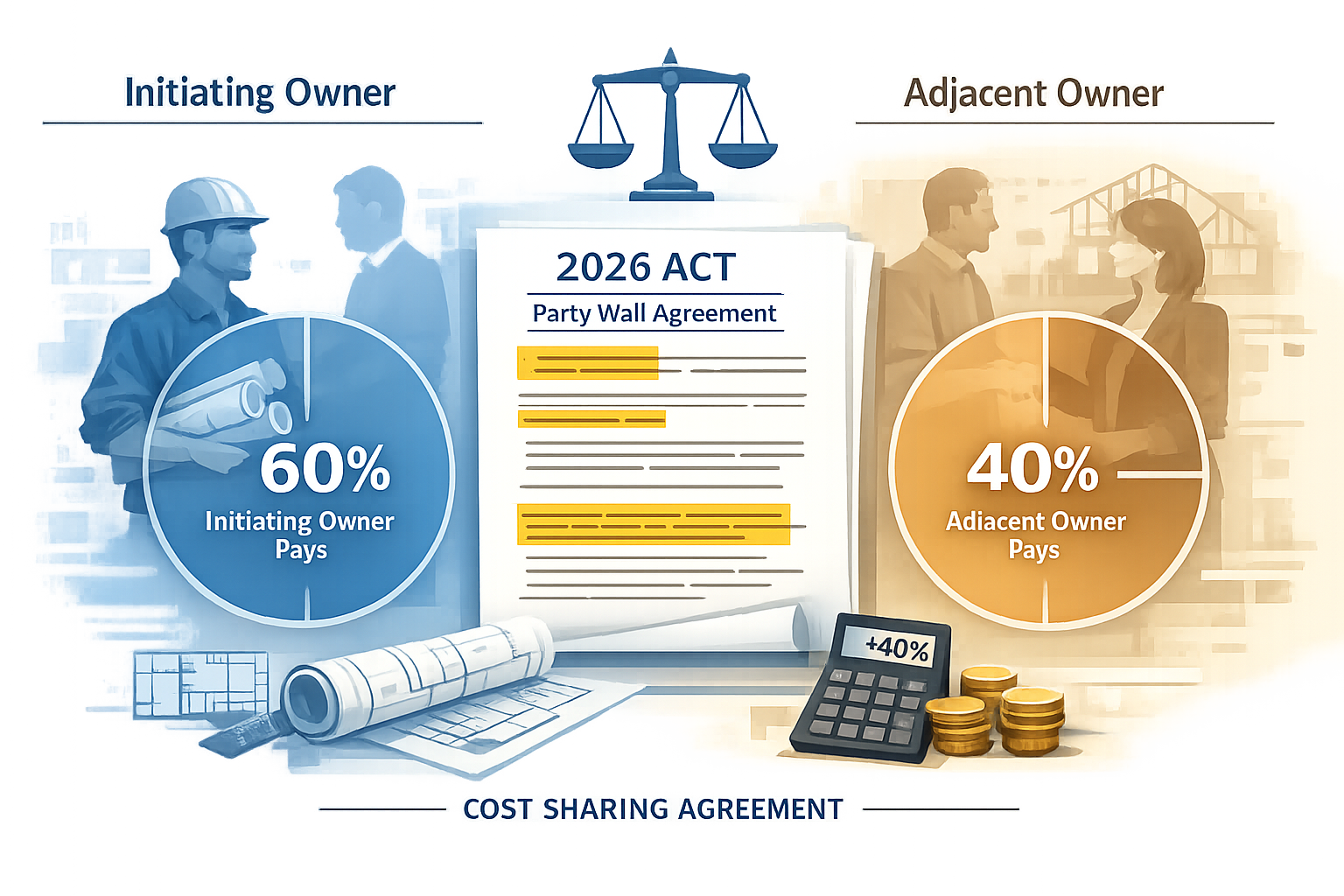 Key Takeaways section infographic: Split-screen visual depicting two neighboring property owners negotiating party wall