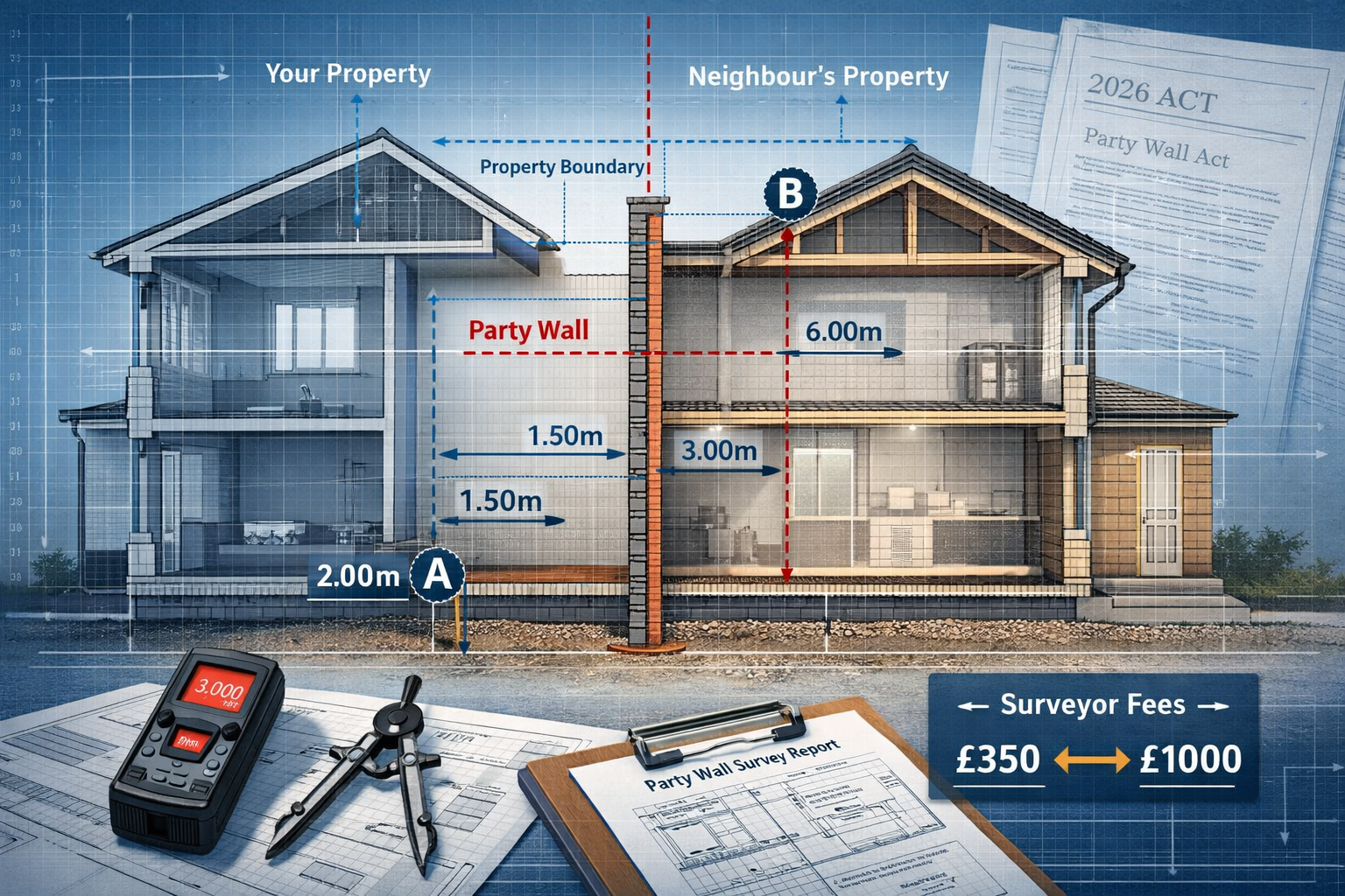 Legal Framework section technical illustration: Architectural cross-section diagram showing two adjacent property structures