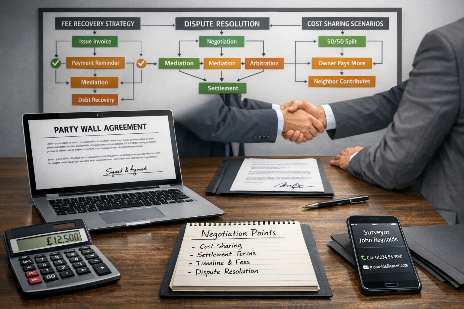 Detailed () strategic planning scene showing negotiation and cost recovery tactics. Foreground displays modern office desk
