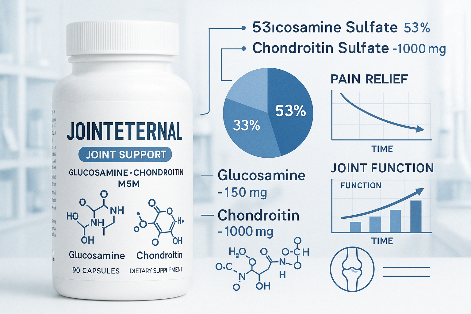 Detailed infographic showing JointEternal supplement bottle with ingredient breakdown, molecular structures of glucosamine and chondroitin, 
