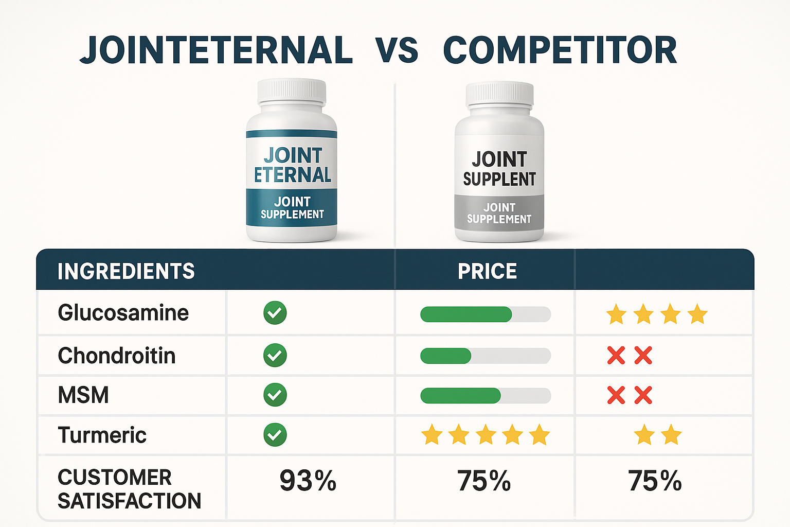 Professional comparison chart displaying JointEternal versus competitor joint supplements, side-by-side ingredient analysis, price compariso