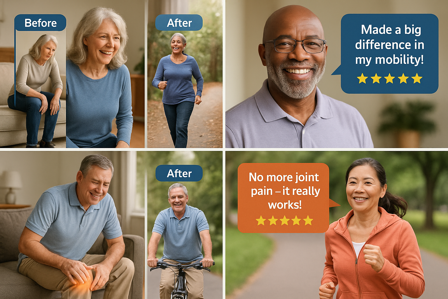 Real customer testimonial collage featuring diverse group of people aged 40-70, before/after mobility demonstrations, quote bubbles with pos