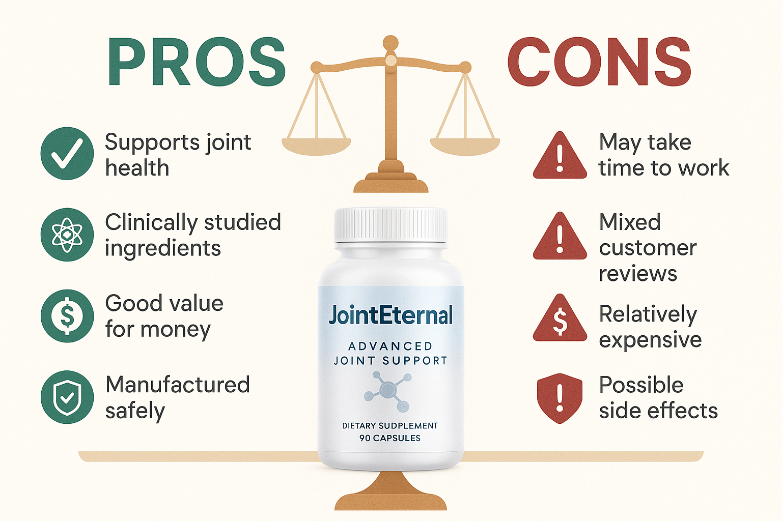 Comprehensive pros and cons infographic with balanced scale visualization, green checkmarks for benefits, red warning signs for drawbacks, J