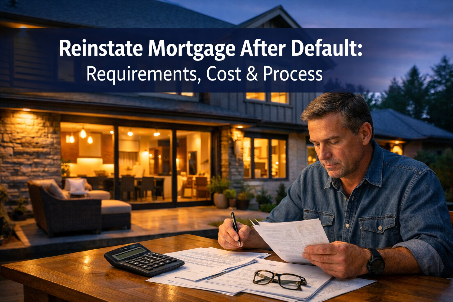 Professional landscape hero image (1536x1024) featuring bold text overlay 'Reinstate Mortgage After Default: Requirements, Cost & Process' i