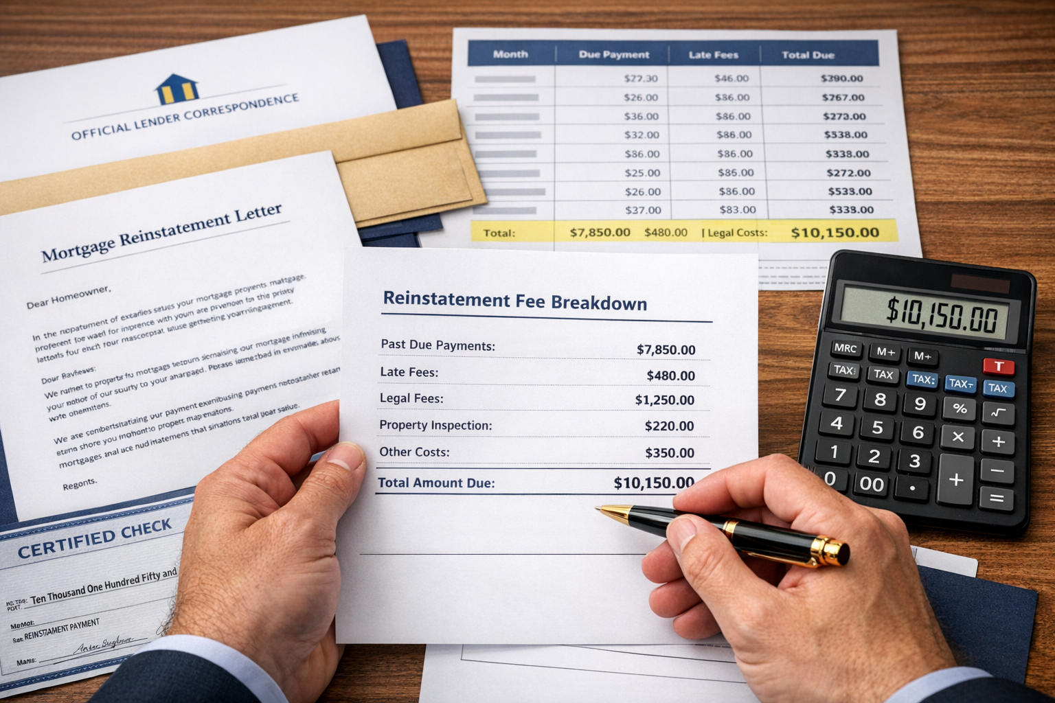 Detailed editorial photograph (1536x1024) showing organized financial documents spread on wooden desk surface including mortgage reinstateme