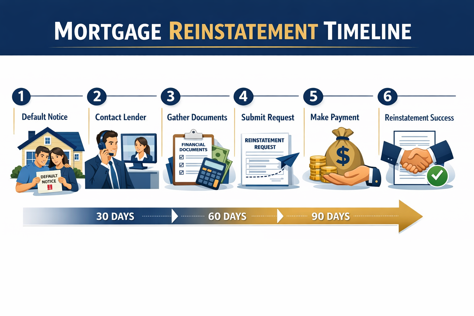 Professional infographic-style illustration (1536x1024) depicting step-by-step mortgage reinstatement timeline with numbered stages from def